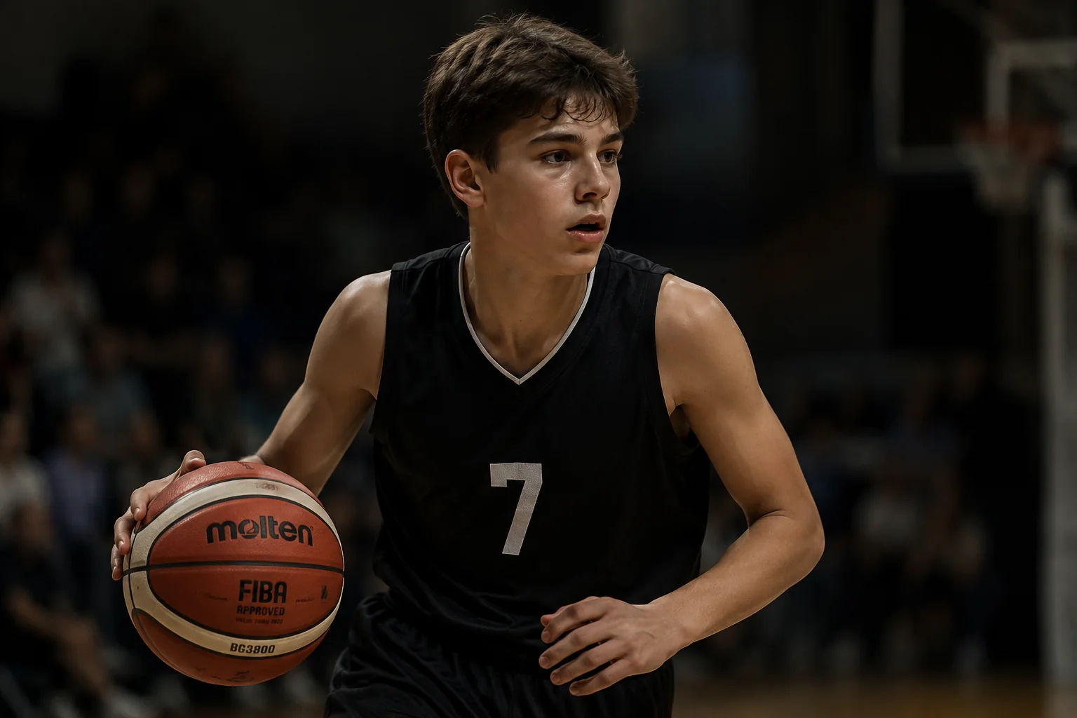 Basketspelare i svart tröja driver bollen