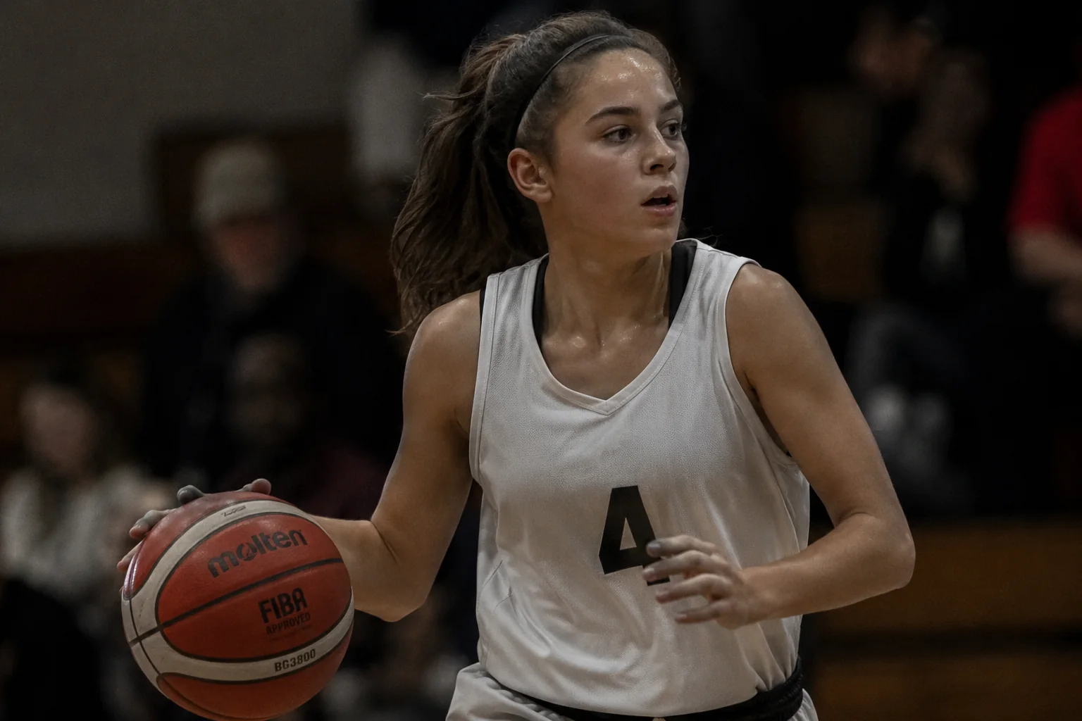 Basketspelare i vit matchtröja med boll