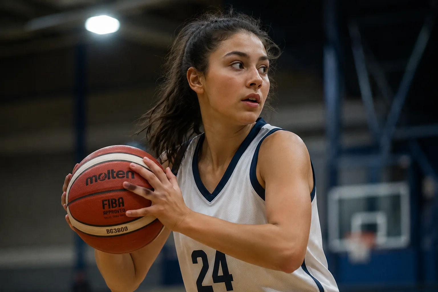 Basketspelare håller bollen och blickar åt sidan