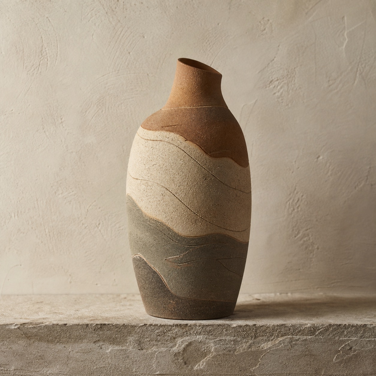 Tall matte ceramic vase with abstract canyon-like clay bands