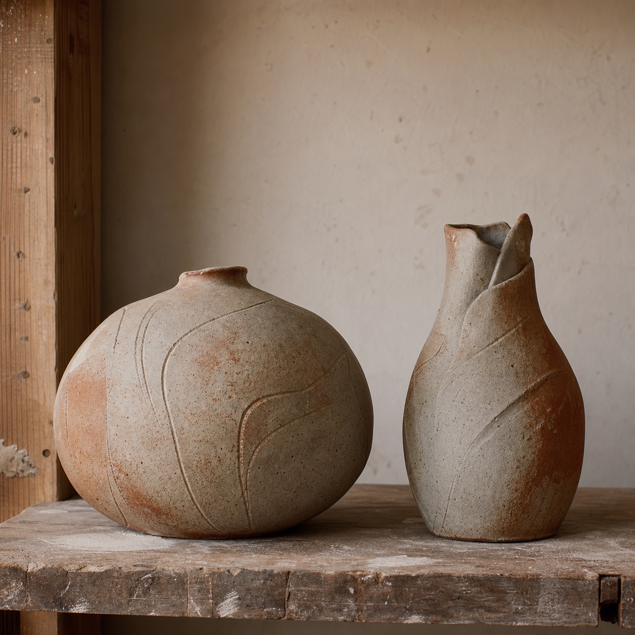 Two hand-thrown stoneware vases with folded necks and carved lines