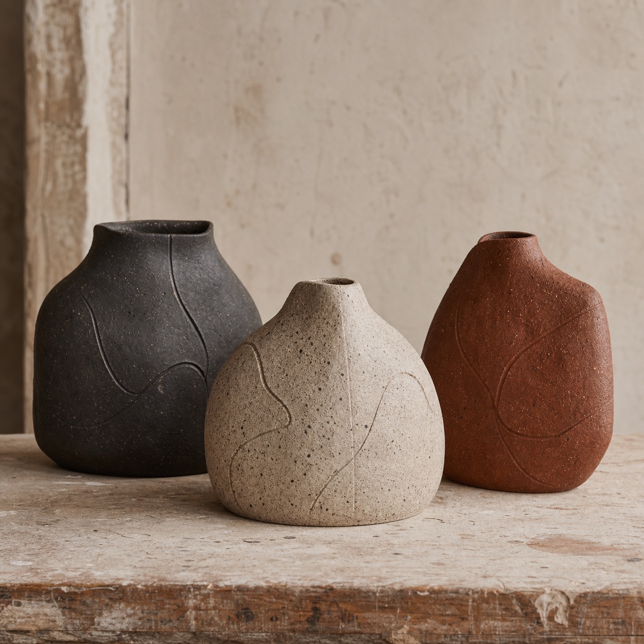 Three abstract mineral-colored ceramic vessels on a workshop table