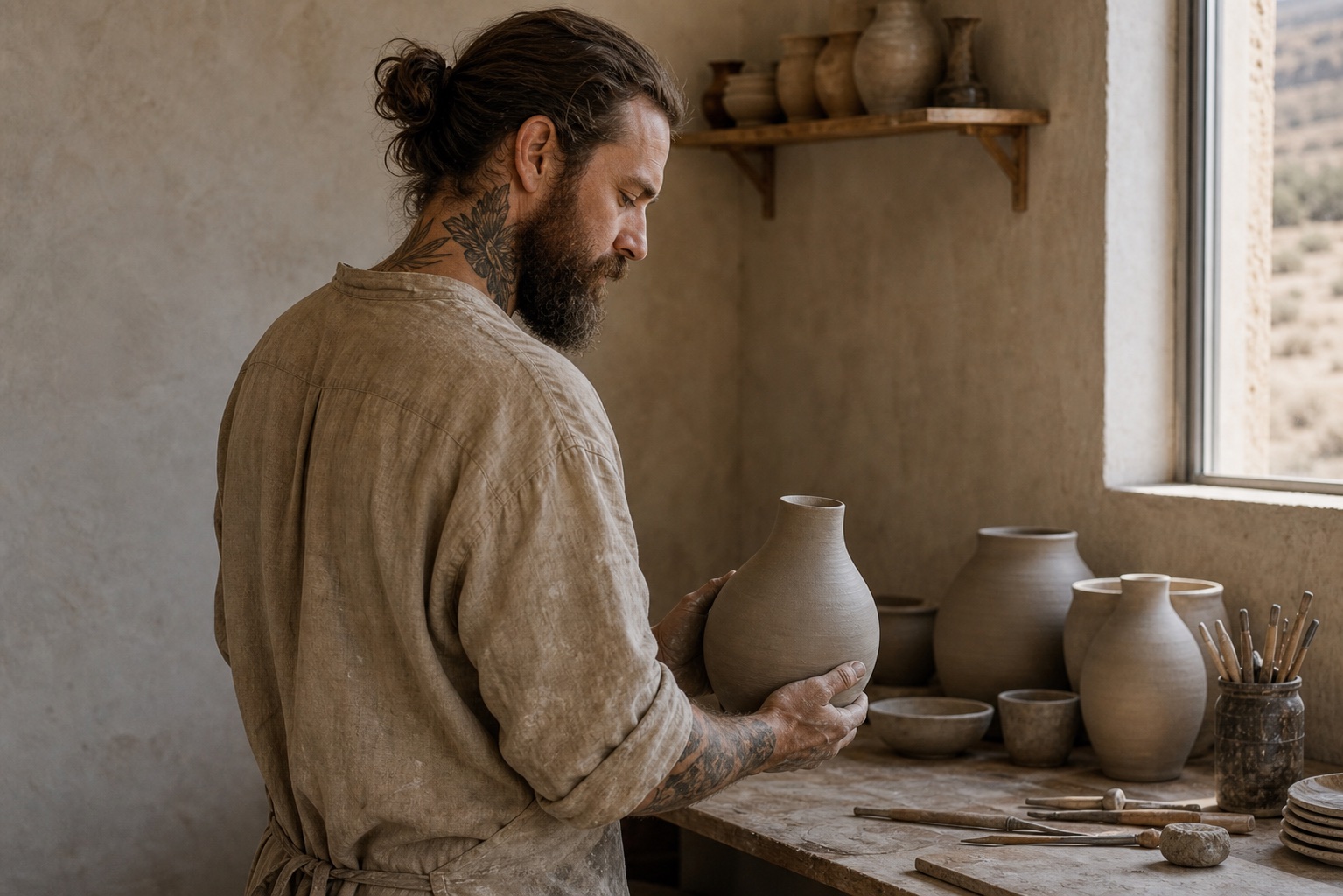 Tobias, the Clayman ceramic artist, holding a vase in his Utah workshop with beard, tied-back hair, and neck tattoos