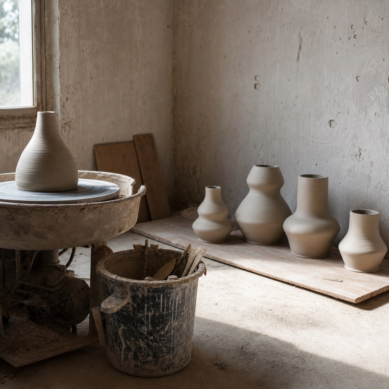 Spartan pottery wheel room with fresh clay vases drying on a board